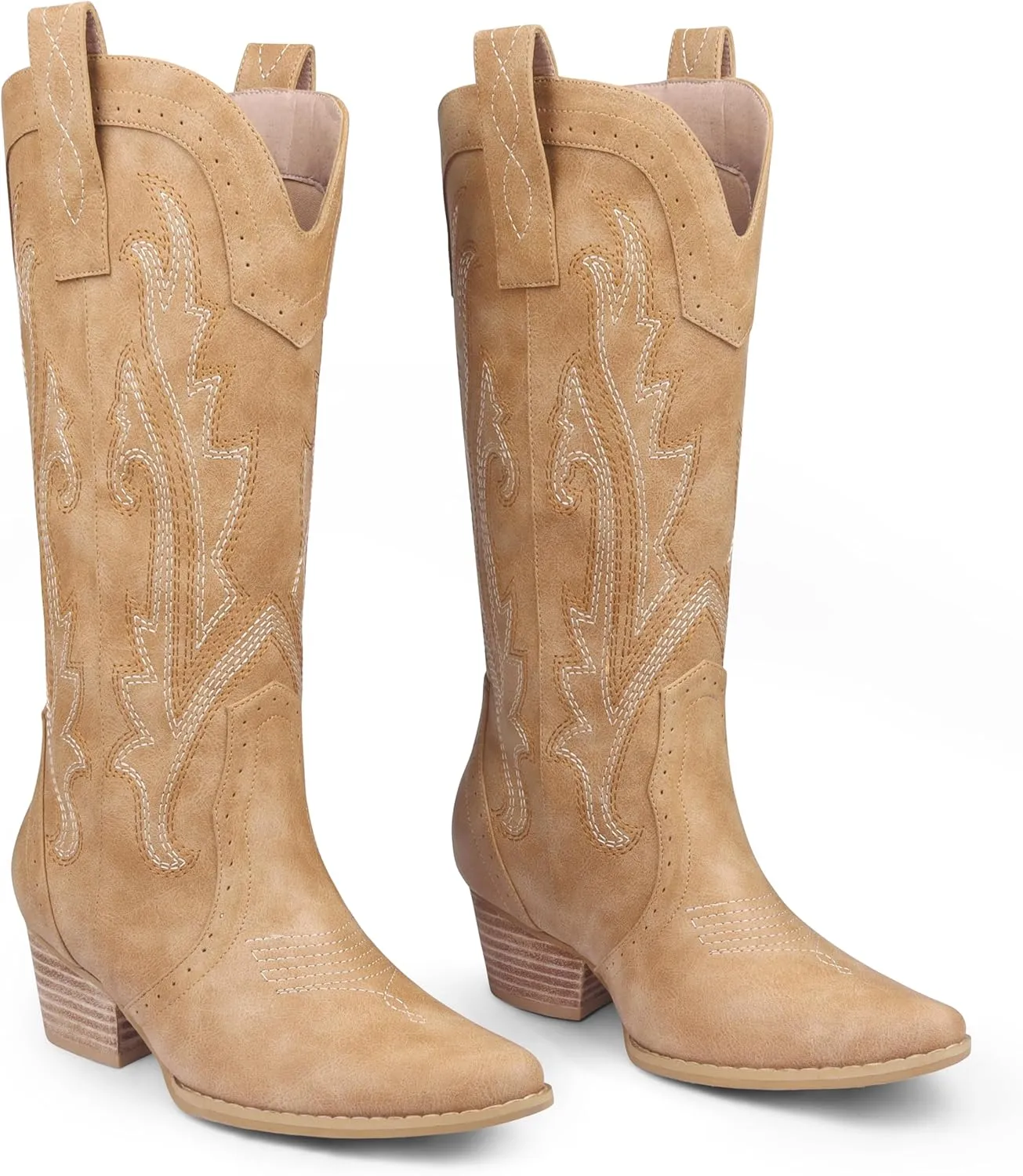 Zzheels Women Mid-calf Cowboy Boots Pointy Toe Boot Embroidered Western Cowgirl Boots Chunky Heels